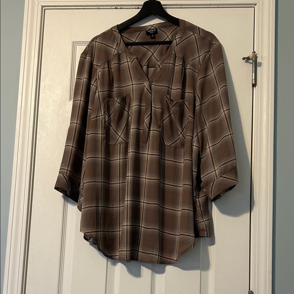 Torrid Brown Checkered Blouse